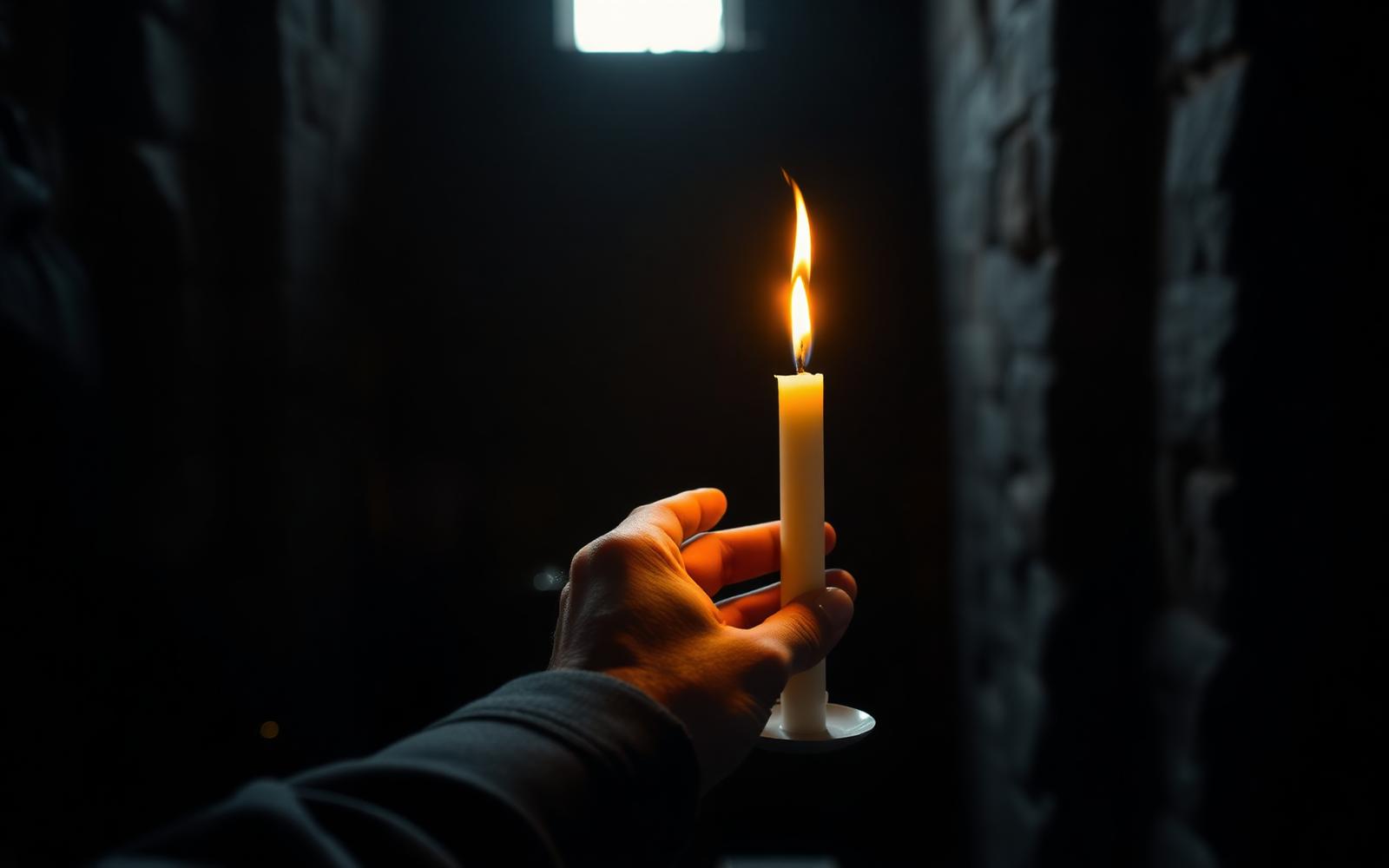 A pilgrim lights a candle in an ancient stone church